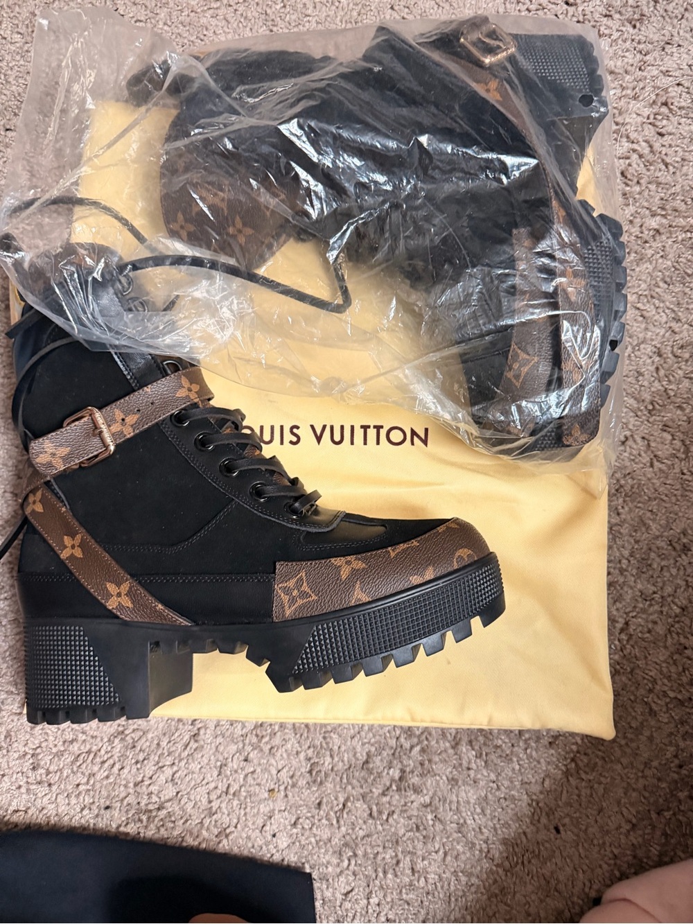 Louis Vuitton Black and Brown Monogram Lug Combat Boots